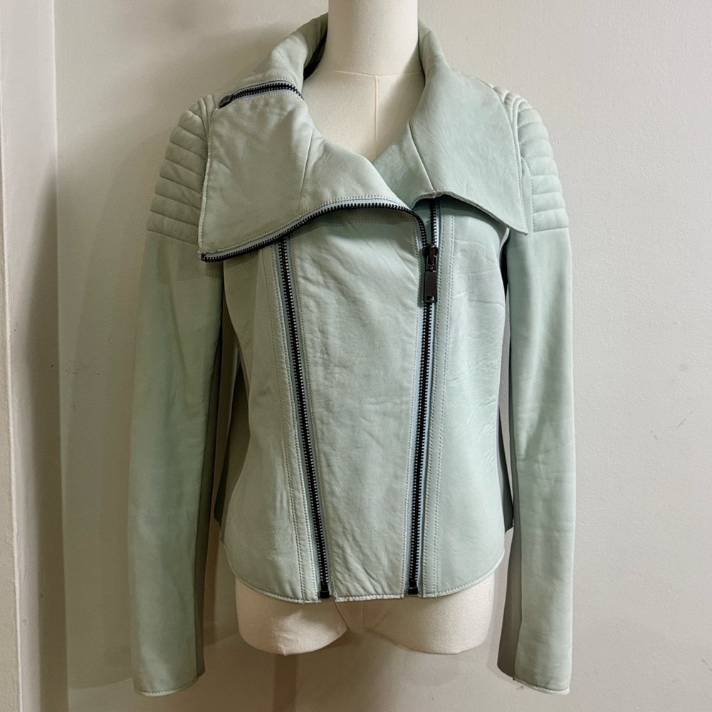 ✨Elie Tahari Genuine Lamb Leather Jacket Sz Small Winter Mint (Light Turquoise)